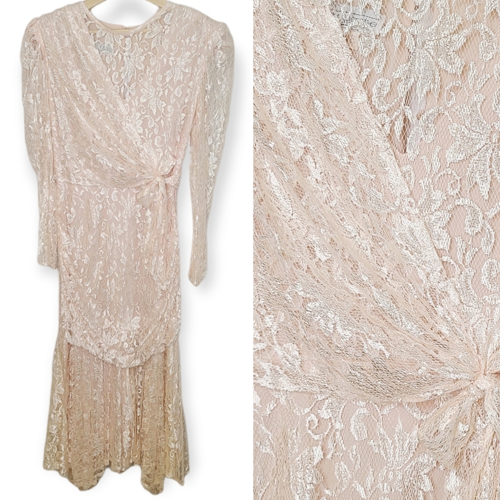 Vintage 1980s Blush Pink Lace Wedding Dress